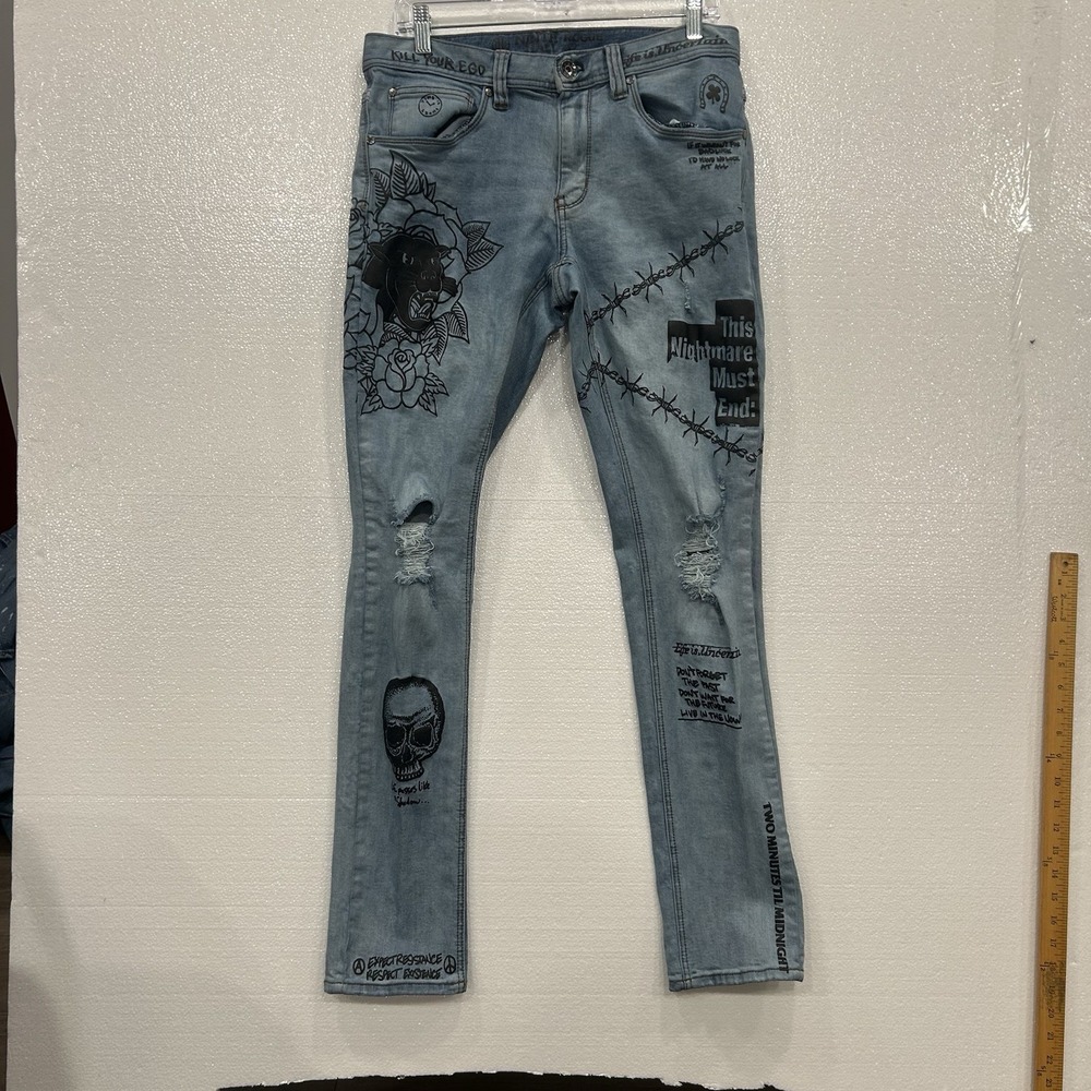 Ninth Hall Rogue Men's Skinny Jeans Graphic Print Lt Wash Sz 32x30 Gothic grunge
